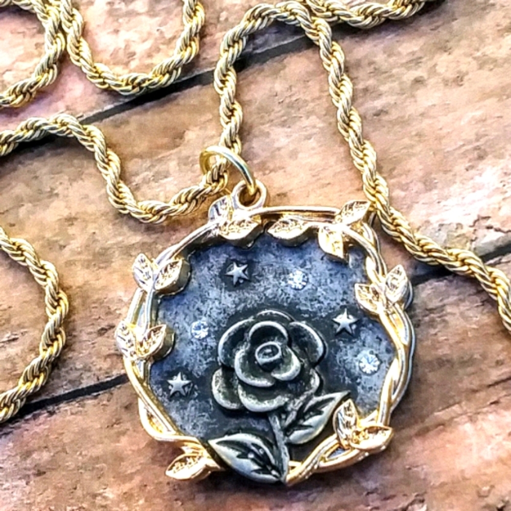Sparkling Slvr & Gld ROSE Pendant Necklace